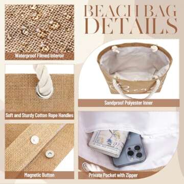 Huhumy Jute Beach Tote Bag for Woman Boho Beach Shoulder Bag with Cotton Handles Modern Waterproof Handbag for Women Vacation Sea Travel Summer Holiday Trip Picnic