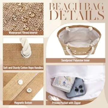 Huhumy Jute Beach Tote Bag for Woman Boho Beach Shoulder Bag with Cotton Handles Modern Waterproof Handbag for Women Vacation Sea Travel Summer Holiday Trip Picnic