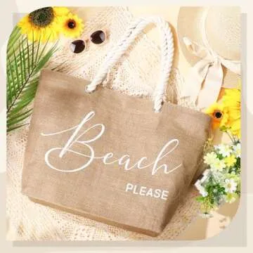 Huhumy Jute Beach Tote Bag for Woman Boho Beach Shoulder Bag with Cotton Handles Modern Waterproof Handbag for Women Vacation Sea Travel Summer Holiday Trip Picnic