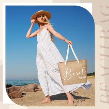 Huhumy Jute Beach Tote Bag for Woman Boho Beach Shoulder Bag with Cotton Handles Modern Waterproof Handbag for Women Vacation Sea Travel Summer Holiday Trip Picnic
