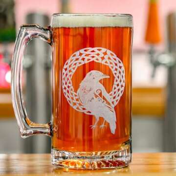 Celtic Raven 26oz Engraved Stein - Free Personalized Engraving, Custom Glass Beer Mug, Mythical Rave...