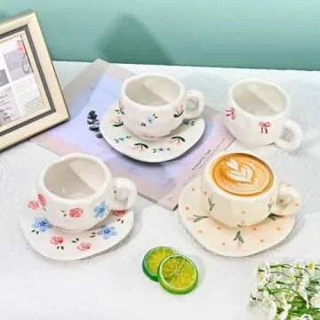 Koythin Ceramic Coffee Mug with Saucer Set, Cute Creative Bow Cup Unique Irregular Design for Office and Home, 10 oz/300 ml for Latte Tea Milk