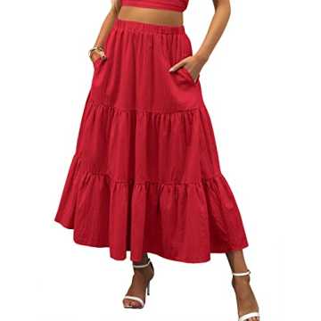ANRABESS Women’s Summer Boho Flowy Swing Tiered A-Line Midi Skirt 2025 Fashion Trendy Elastic Wais...