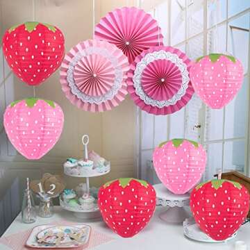 8PCS Red and Pink Strawberry Lanterns for Fruit Themed Party Decor Kids Birthday Strawberry Decorations Hungry Caterpillar Party Supplies Hanging Ornaments