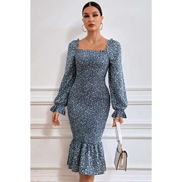 PRETTYGARDEN Women's Floral Midi Bodycon Dress - Stylish Maternity Dress (Blue, X-Large)