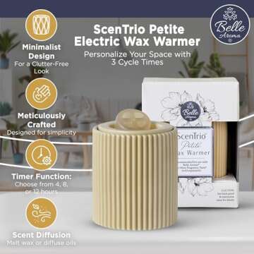 Belle Aroma ScenTrio Ceramic Electric Wax Warmer – Personalized Timer, Temperature Control for Scented Wax, Essential & Fragrance Oils, Tarts, Melts – for Home, Office - Taupe Fluted