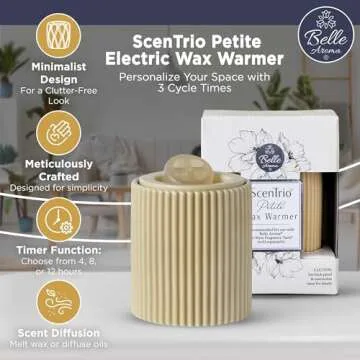 Belle Aroma ScenTrio Ceramic Electric Wax Warmer – Personalized Timer, Temperature Control for Scented Wax, Essential & Fragrance Oils, Tarts, Melts – for Home, Office - Taupe Fluted