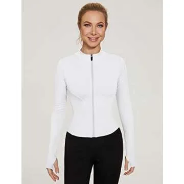LUYAA Women's White Workout Zip Up Jacket with Thumb Holes