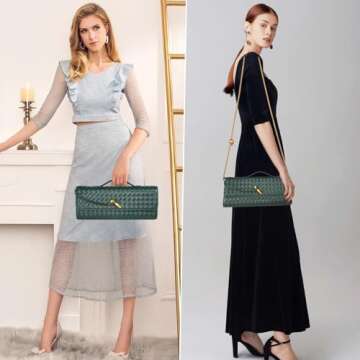 XINGFENGSU Woven Evening Bag Clutch Purses For Women, Woven Leather Crossbody Bag Purse For Women With Gold Chain. (Dark Green)