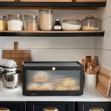 ETMI Black Bread Box for Kitchen Countertop-Large Modern bamboo Bread box with Window Bread Storage Container