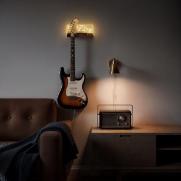 Guitar Wall Mount with LED Light, Auto Lock Guitar Hanger with Shelf and Pick Holder, Wood & Acrylic...