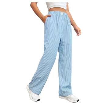 OYOANGLE Women's Straight Wide Leg Trousers Striped Print Letter Patched Detail High Waist Y2K Fashion Pants Light Blue X-Large