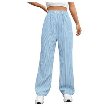 OYOANGLE Women's Straight Wide Leg Trousers Striped Print Letter Patched Detail High Waist Y2K Fashion Pants Light Blue X-Large