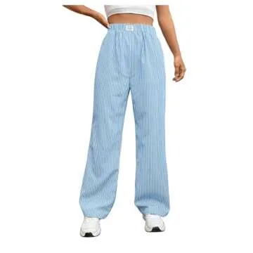 OYOANGLE Women's Straight Wide Leg Trousers Striped Print Letter Patched Detail High Waist Y2K Fashion Pants Light Blue X-Large