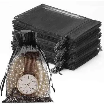HongyiTime 100PCS Premium Sheer Organza Bags, Black Wedding Favor Bags with Drawstring, 4x6 inches J...
