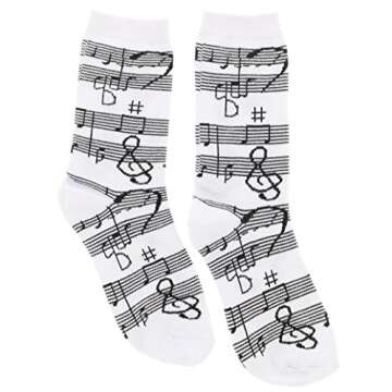 Women's Black White Music Notes, Piano Keys, Instruments Crew Socks, (3Pr) Size: 9-11