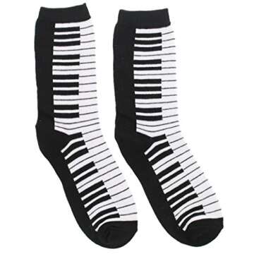Women's Black White Music Notes, Piano Keys, Instruments Crew Socks, (3Pr) Size: 9-11