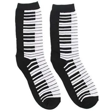 Women's Black White Music Notes, Piano Keys, Instruments Crew Socks, (3Pr) Size: 9-11