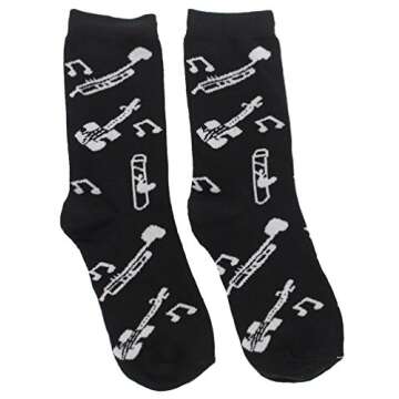 Women's Black White Music Notes, Piano Keys, Instruments Crew Socks, (3Pr) Size: 9-11