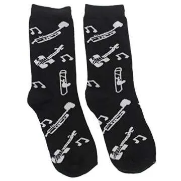 Women's Black White Music Notes, Piano Keys, Instruments Crew Socks, (3Pr) Size: 9-11