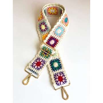 Crochet Flower Purse Straps Replacement Crossbody for Handbags Women Guitar Strap 2 inch Wide Adjustable Bag Strap (White)