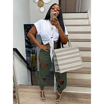 KEYUFANG Women 2 Piece Outfits Summer Casual Short Sleeve Knot Crop Top Flower Hollowed Out Sweatpan...