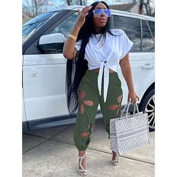 KEYUFANG Women 2 Piece Outfits Summer Casual Short Sleeve Knot Crop Top Flower Hollowed Out Sweatpants Tracksuit Green