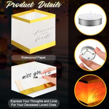 MTLEE 25 Pcs Memorial Floating Lanterns to Release in Water Biodegradable Forever in Our Hearts Chinese Paper Lanterns with 50 Pcs Floating Water Candles Funeral Favors for Guests, 5.91 x 5.91 Inches