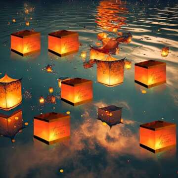 MTLEE 25 Pcs Memorial Floating Lanterns to Release in Water Biodegradable Forever in Our Hearts Chinese Paper Lanterns with 50 Pcs Floating Water Candles Funeral Favors for Guests, 5.91 x 5.91 Inches