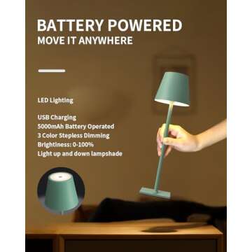 KDG 2 Pack Cordless Table Lamp,Portable LED Desk Lamp, 5000mAh Battery Operated, 3 Color Stepless Dimming Up, for Restaurant/Bedroom/Bars/Outdoor Party/Camping/Coffee Shop Night Light(Green)