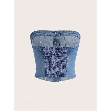 SweatyRocks Women's Strapless Button Down Slim Fit Denim Crop Tube Top with Flap Pocket Light Washed...