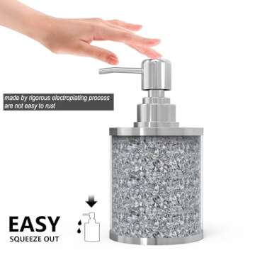 SHYFOY Bathroom Accessories Set, 3 Piece Silver Crystal Crushed Diamond Bathroom Accessory Decor Sets, Glass Bath Restroom Set Vanity Organizer Includes Soap Dispenser, Toothbrush Holder, Soap Dish