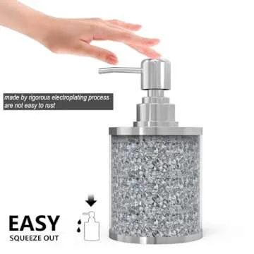 SHYFOY Bathroom Accessories Set, 3 Piece Silver Crystal Crushed Diamond Bathroom Accessory Decor Sets, Glass Bath Restroom Set Vanity Organizer Includes Soap Dispenser, Toothbrush Holder, Soap Dish