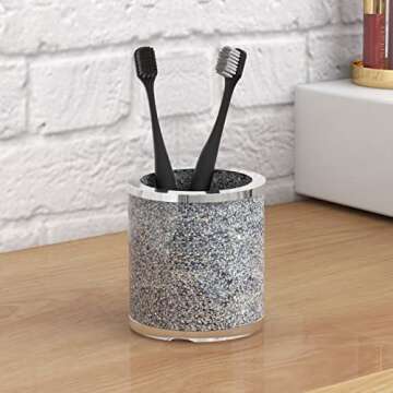 SHYFOY Bathroom Accessories Set, 3 Piece Silver Crystal Crushed Diamond Bathroom Accessory Decor Sets, Glass Bath Restroom Set Vanity Organizer Includes Soap Dispenser, Toothbrush Holder, Soap Dish