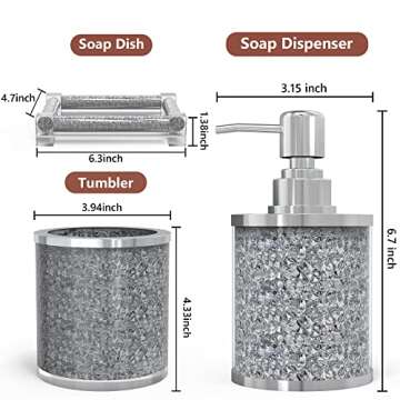 SHYFOY Bathroom Accessories Set, 3 Piece Silver Crystal Crushed Diamond Bathroom Accessory Decor Sets, Glass Bath Restroom Set Vanity Organizer Includes Soap Dispenser, Toothbrush Holder, Soap Dish