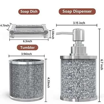 SHYFOY Bathroom Accessories Set, 3 Piece Silver Crystal Crushed Diamond Bathroom Accessory Decor Sets, Glass Bath Restroom Set Vanity Organizer Includes Soap Dispenser, Toothbrush Holder, Soap Dish