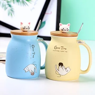 New Sesame Cat Ceramic Mug with Lid for Kids & Adults