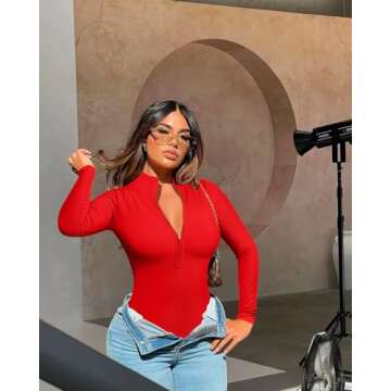 OQQ Women's 2 Piece Bodysuits Sexy Ribbed One Piece Zip Front Long Sleeve Tops Bodysuits Red White