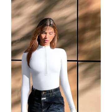 OQQ Women's 2 Piece Bodysuits Sexy Ribbed One Piece Zip Front Long Sleeve Tops Bodysuits Red White