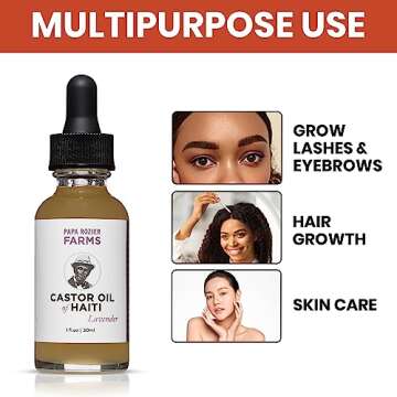 Papa Rozier Farms Lavender Pure Castor Oil of Haiti - Organic Cold Pressed - Hexane Free - 1oz – Unrefined – Oil for Hair Growth Treatment, Dry Skin Moisturizer, Eyelashes & Eyebrows, Pack of 1