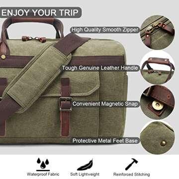 Duffle Bag for Men Waterproof Genuine Leather Canvas Travel Duffel Bags for Women Overnight Weekender Bag for Traveling, Army Green