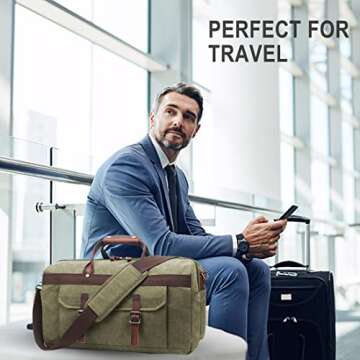 Duffle Bag for Men Waterproof Genuine Leather Canvas Travel Duffel Bags for Women Overnight Weekender Bag for Traveling, Army Green