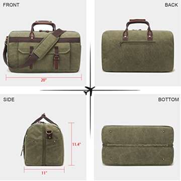 Duffle Bag for Men Waterproof Genuine Leather Canvas Travel Duffel Bags for Women Overnight Weekender Bag for Traveling, Army Green