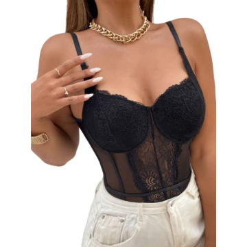 SOLY HUX Women's Sexy Floral Lace Bodysuit Sheer Mesh Shapewear Skinny Top Camisole Corset Bodysuit ...