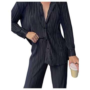 Franhais Wide Leg Pants Sets Women 2 Piece Outfits Casual Long Sleeve Button Down Shirt Linen Pants ...