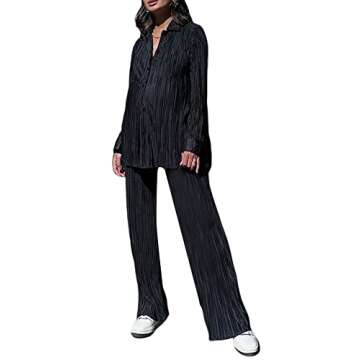 Franhais Wide Leg Pants Sets Women 2 Piece Outfits Casual Long Sleeve Button Down Shirt Linen Pants Outfits Fashion Streetwear (Carbon Black, S)