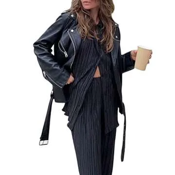 Franhais Wide Leg Pants Sets Women 2 Piece Outfits Casual Long Sleeve Button Down Shirt Linen Pants Outfits Fashion Streetwear (Carbon Black, S)