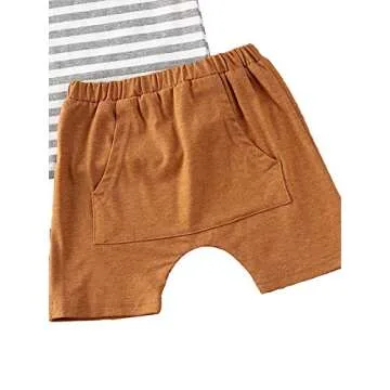fhutpw Baby Boys 2Pcs Summer Outfits Short Sleeve T-Shirt Tops Elastic Waistband Shorts Set Toddler Clothes (Strips + Brown, 2-3T)