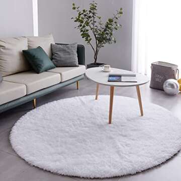 FJZFING White Round Rug Ultra-Soft Plush Modern 5x5 Circle Area Rug for Kid's Bedroom, Fluffy Shag C...