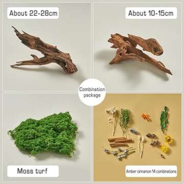 16PCS Original Design Natural Forest Wood Product Photography Background Prop Set, Natural Sunken Wood Imitaion Moss Dried Flowers Landscape Decorations Props for Photoshoot